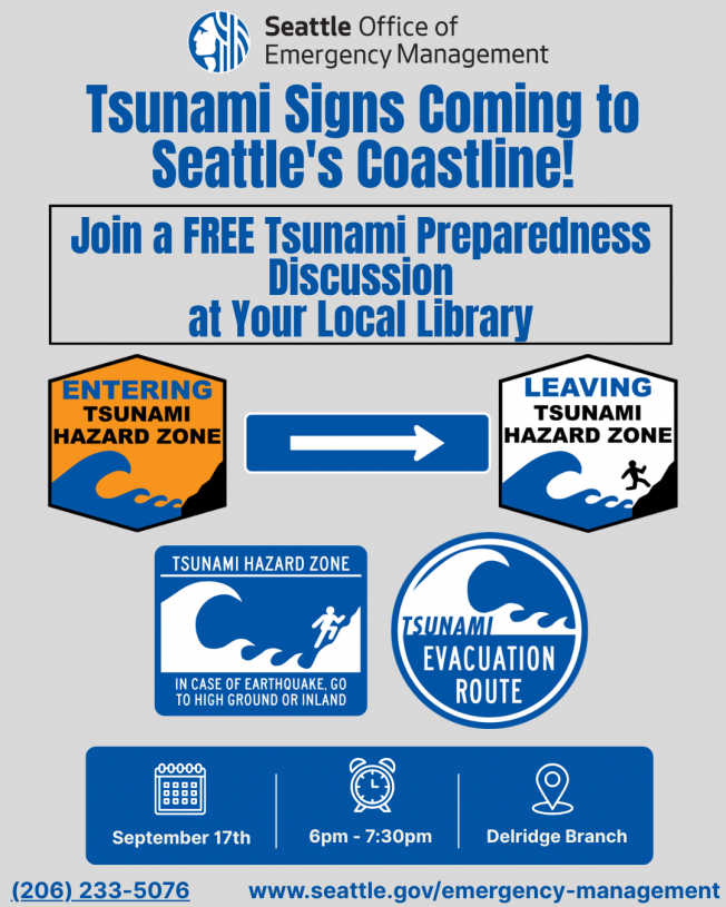 Tsunami signage, coming soon. So is a West Seattle event with safety info you need
